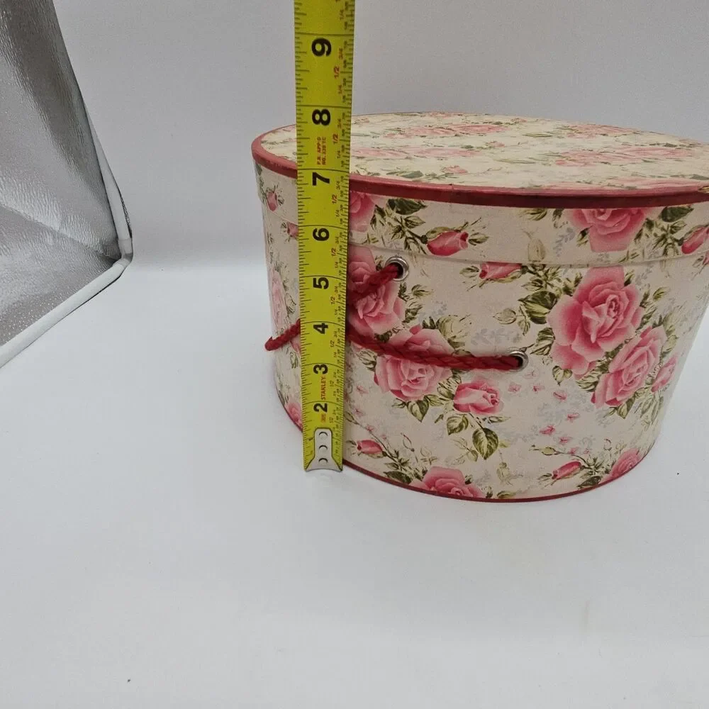 Vintage PINK FLORAL HATBOX w/CORD HANDLE Wallpaper Shabby Chic